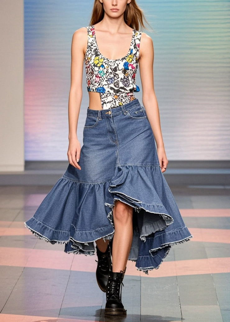 Elegant Blue Ruffled Patchwork Side Open Denim Skirts Spring