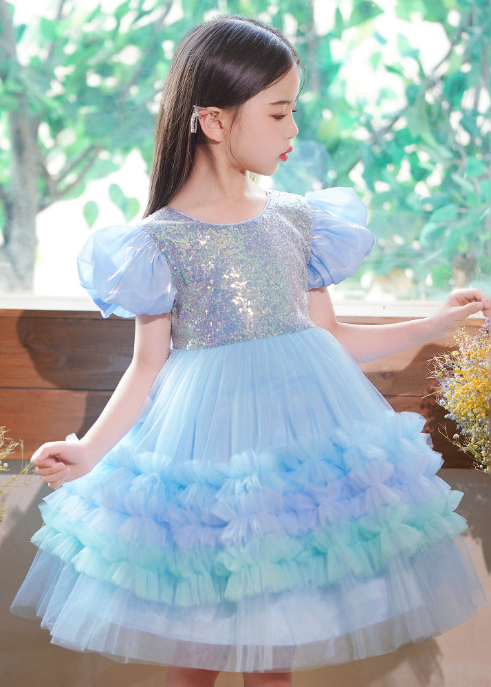 Elegant Blue Ruffled Tulle Kids Girls Long Dress Puff Sleeve