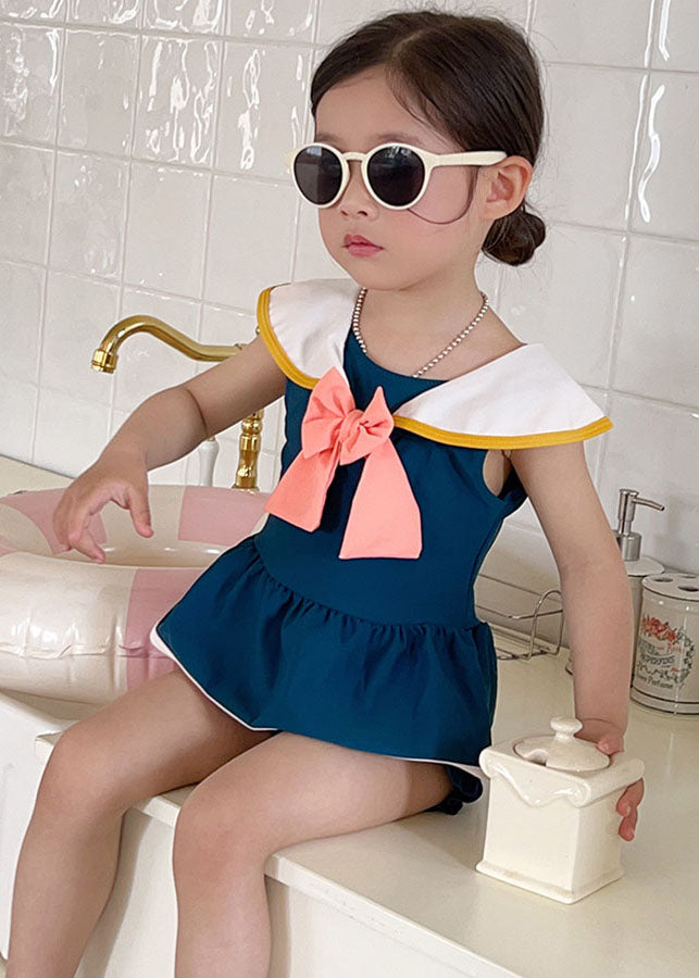 Elegant Blue Sailor Collar Bow Patchwork Girls Swimsui Two Pieces Set Summ