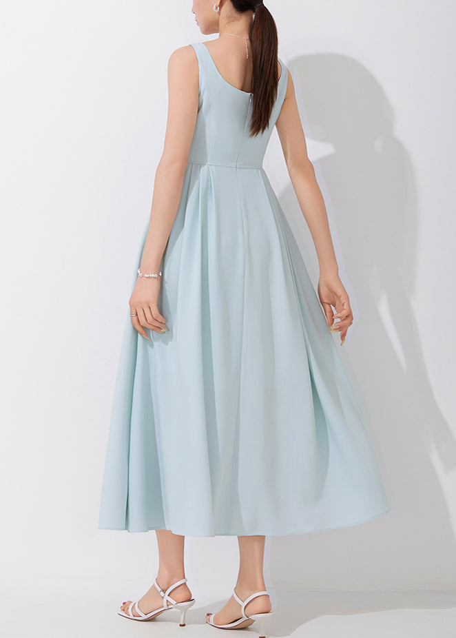 Elegant Blue Square Collar High Waist Spaghetti Strap Dress Sleeveless