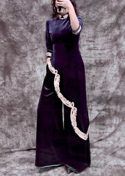 Elegant Blue Stand Collar Embroideried Asymmetrical Top And Wide Leg Pants Silk Velour Two Piece Set Spring