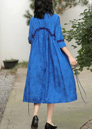 Elegant Blue Stand Collar Embroideried Floral Drawstring Satin Dress Long Sleeve