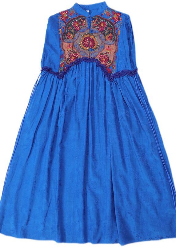 Elegant Blue Stand Collar Embroideried Floral Drawstring Satin Dress Long Sleeve