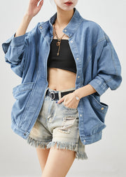 Elegant Blue Stand Collar Oversized Denim Coat Fall