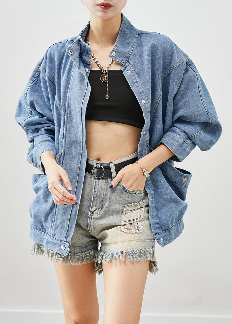 Elegant Blue Stand Collar Oversized Denim Coat Fall