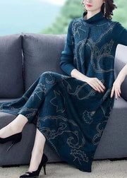 Elegant Blue Stand Collar Print Exra Large Hem Wool Knit Sweater Dress Winter