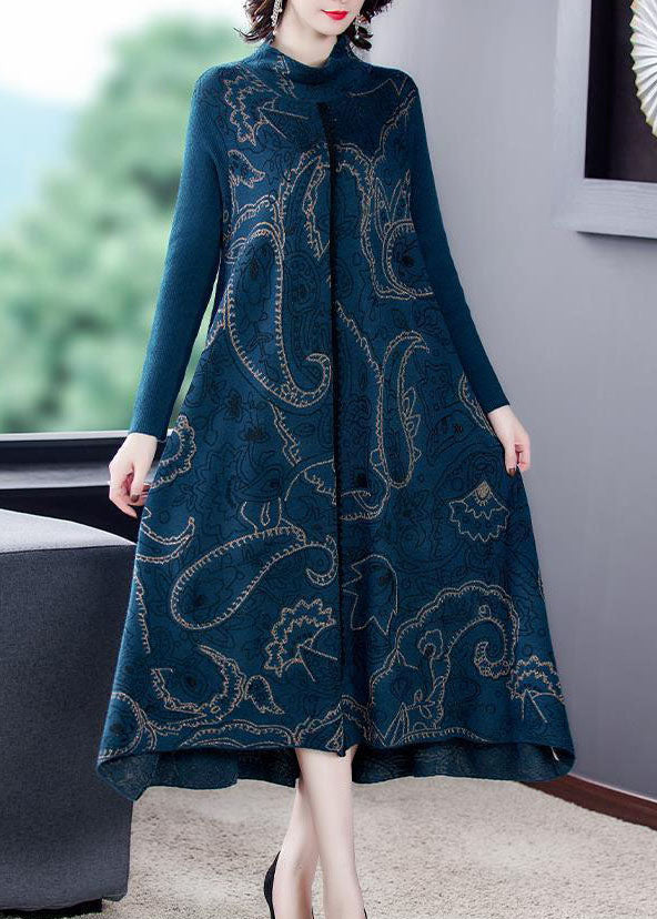 Elegant Blue Stand Collar Print Exra Large Hem Wool Knit Sweater Dress Winter