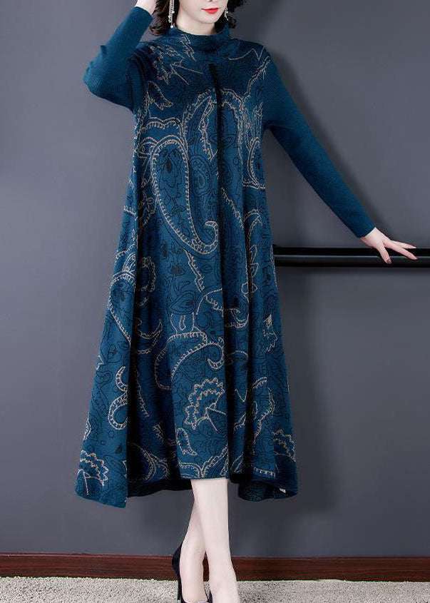 Elegant Blue Stand Collar Print Exra Large Hem Wool Knit Sweater Dress Winter