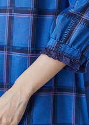 Elegant Blue Stand Collar Print Linen Dress Bracelet Sleeve