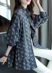 Elegant Blue Stand Collar Print Pockets Coats Long Sleeve