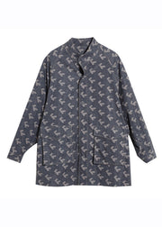 Elegant Blue Stand Collar Print Pockets Coats Long Sleeve