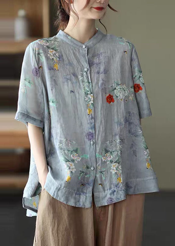 Elegant Purple flower Stand Collar Print Tops Half Sleeve