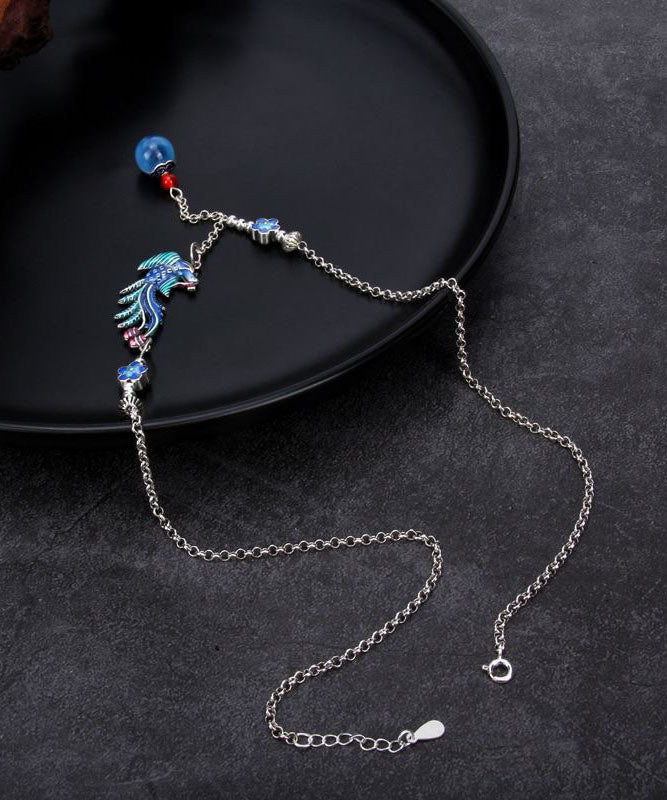 Elegant Blue Sterling Silver Cloisonne Phoenix Tassel Pendant Necklace