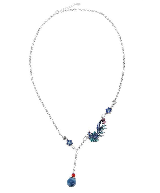 Elegant Blue Sterling Silver Cloisonne Phoenix Tassel Pendant Necklace