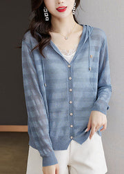 Elegant Blue Striped Patchwork Drawstring Hooded Ice Size Knit Cardigan Long Sleeve