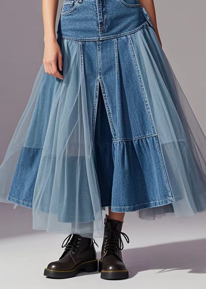 Elegant Blue Tulle Patchwork Exra Large Hem Denim Skirts Spring