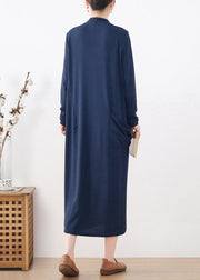 Elegant Blue Turtleneck Button Pockets Cotton Knit Dress Long Sleeve