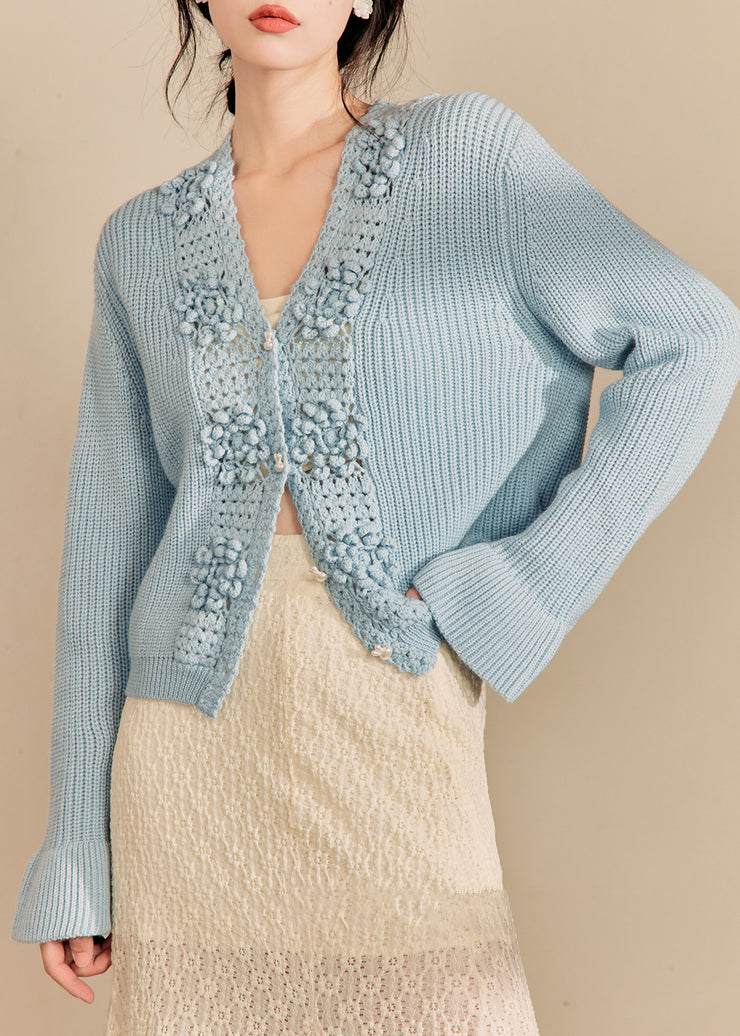 Elegant Blue V Neck Hollow Out Knit Cardigan Fall