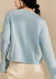 Elegant Blue V Neck Hollow Out Knit Cardigan Fall