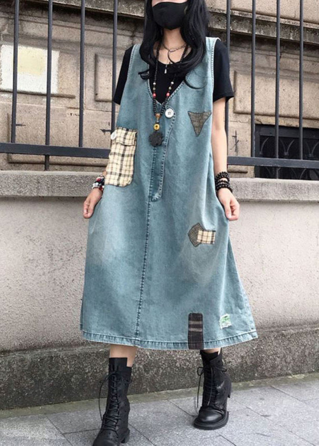 Elegant Blue V Neck Patchwork Denim Maxi Slip Dress Sleeveless