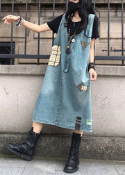 Elegant Blue V Neck Patchwork Denim Maxi Slip Dress Sleeveless