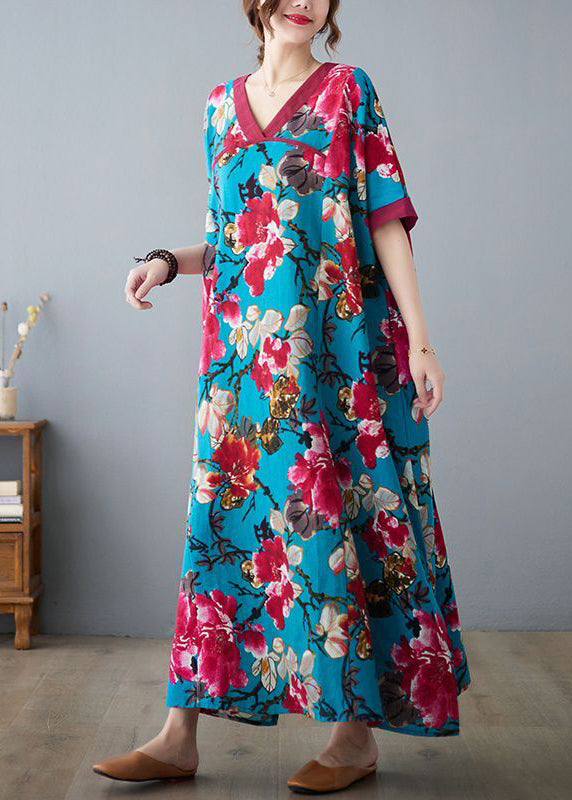 Elegant Blue V Neck Patchwork Print Cotton Dresses Short Sleeve