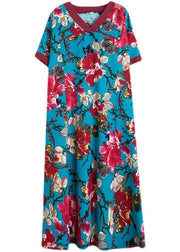 Elegant Blue V Neck Patchwork Print Cotton Dresses Short Sleeve