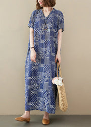 Elegant Blue V Neck Print Cotton Beach Long Dress Short Sleeve