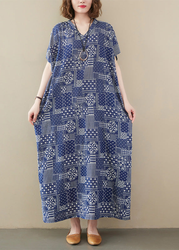 Elegant Blue V Neck Print Cotton Beach Long Dress Short Sleeve