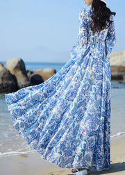 Elegant Blue V Neck Print Elastic Waist Chiffon Vacation Maxi Dresses Flare Sleeve