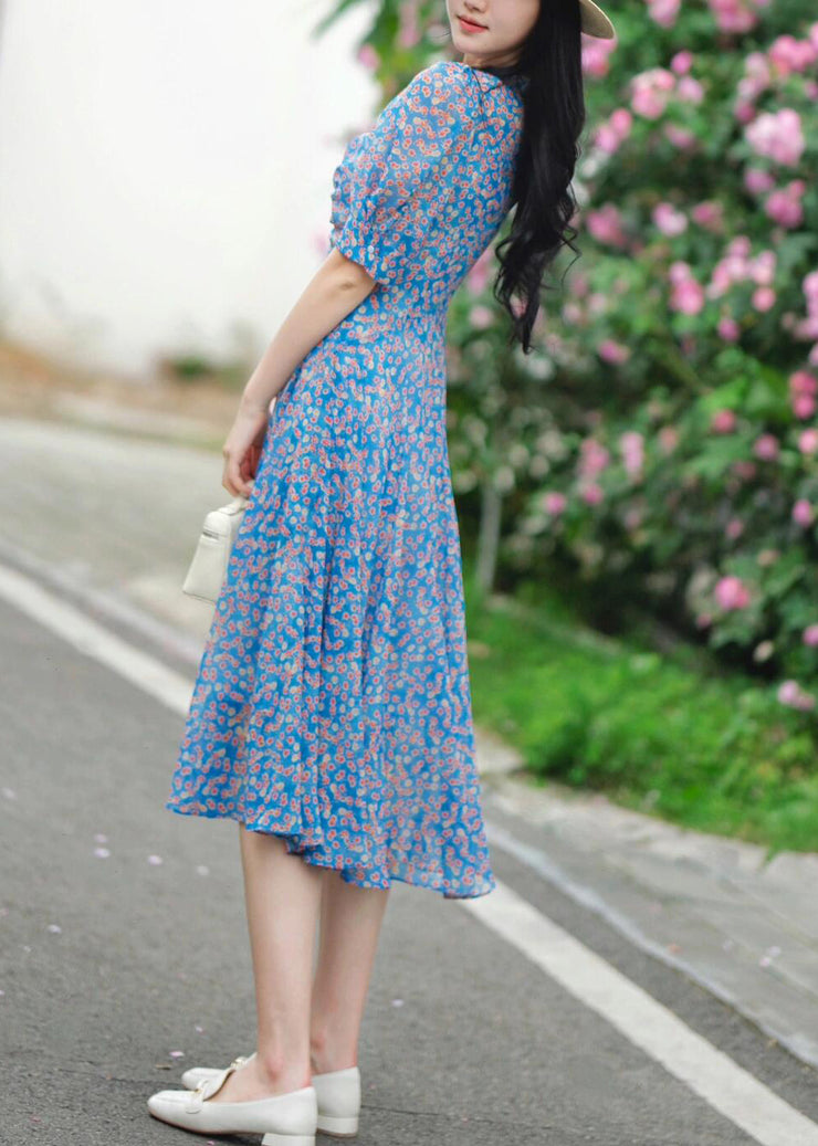 Elegant Blue V Neck Print Pockets Cotton Dress Summer