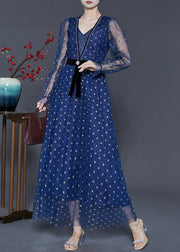 Elegant Blue V Neck Print Tulle Long Dresses Summer