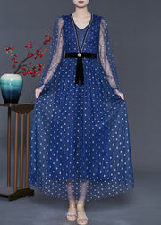 Elegant Blue V Neck Print Tulle Long Dresses Summer