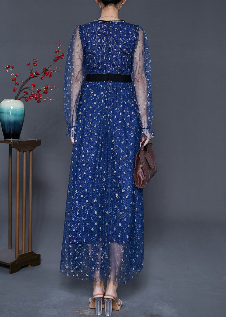 Elegant Blue V Neck Print Tulle Long Dresses Summer