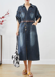 Elegant Blue V Neck Side Open Denim Long Dress Fall