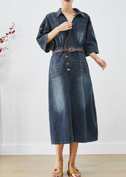 Elegant Blue V Neck Side Open Denim Long Dress Fall