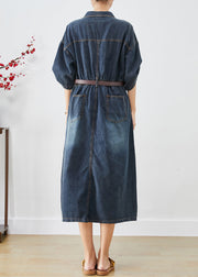 Elegant Blue V Neck Side Open Denim Long Dress Fall