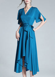 Elegant Blue V Neck Tie Waist Solid Silk Long Dresses Summer