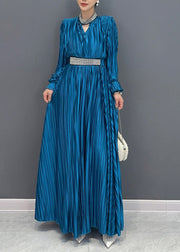 Elegant Blue V Neck Wrinkled Maxi Dress Long Sleeve