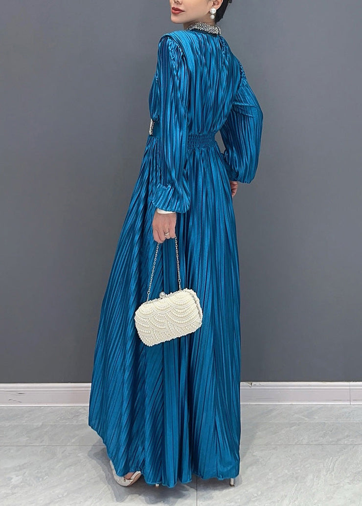 Elegant Blue V Neck Wrinkled Maxi Dress Long Sleeve