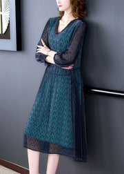 Elegant Blue V Neck Wrinkled Patchwork Silk Dress Long sleeve