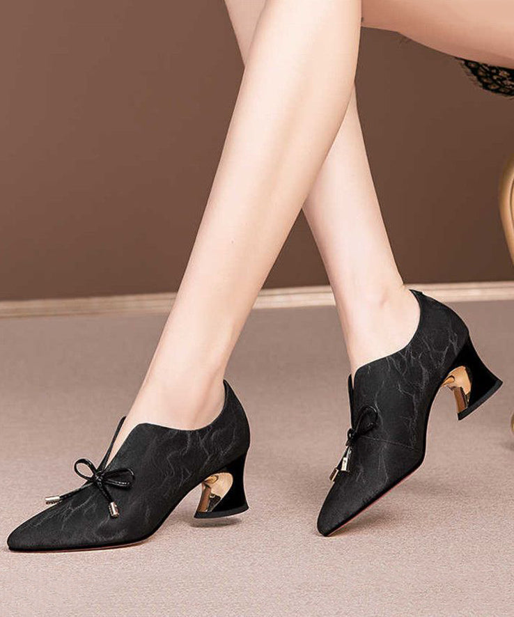 Elegant Bow Splicing Pointed Toe Chunky Black Cowhide Leather