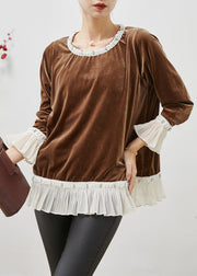 Elegant Brown Nail Bead Patchwork Silk Velour Tops Flare Sleeve