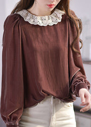 Elegant Brown O-Neck Lace Patchwork Silk Velour Blouses Spring