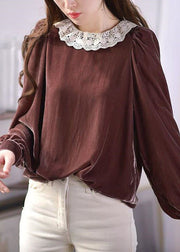 Elegant Brown O-Neck Lace Patchwork Silk Velour Blouses Spring