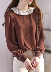 Elegant Brown O-Neck Lace Patchwork Silk Velour Blouses Spring