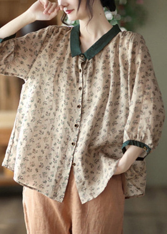 Elegant Brown Peter Pan Collar Print Button Linen Shirt Long Sleeve