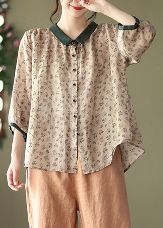 Elegant Brown Peter Pan Collar Print Button Linen Shirt Long Sleeve