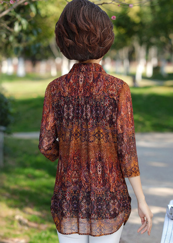 Elegant Brown Peter Pan Collar Print Button Silk Shirt Top Bracelet Sleeve