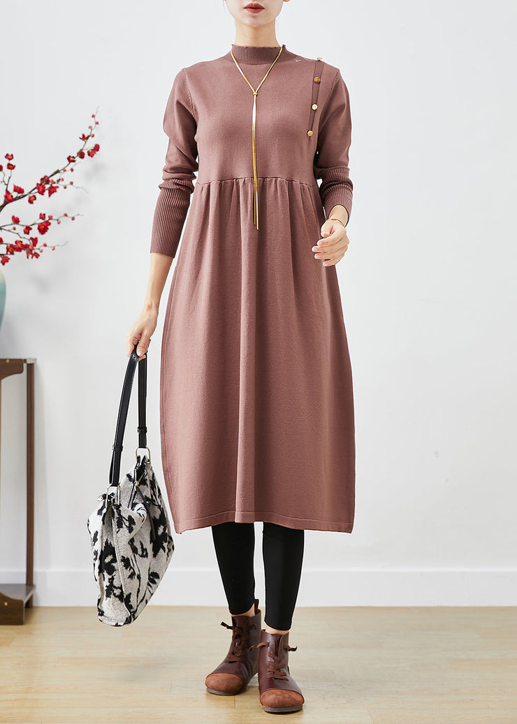 Elegant Brown Stand Collar Patchwork Button Knit Long Dress Fall